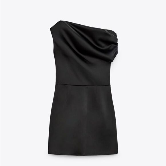 Zara Asymmetric Satin Dress Black New - Picture 3 of 10